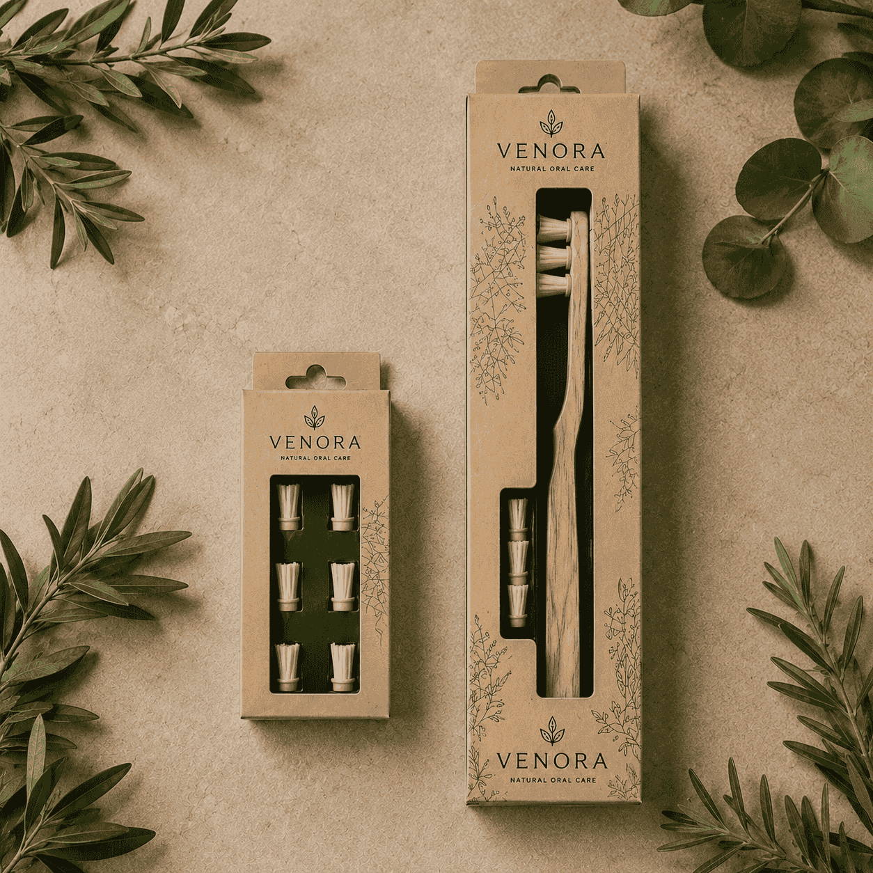 Venora dental care products in packaging on a textured surface with green leaves.