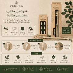 Venora dental care products with packaging and usage instructions on a beige background.