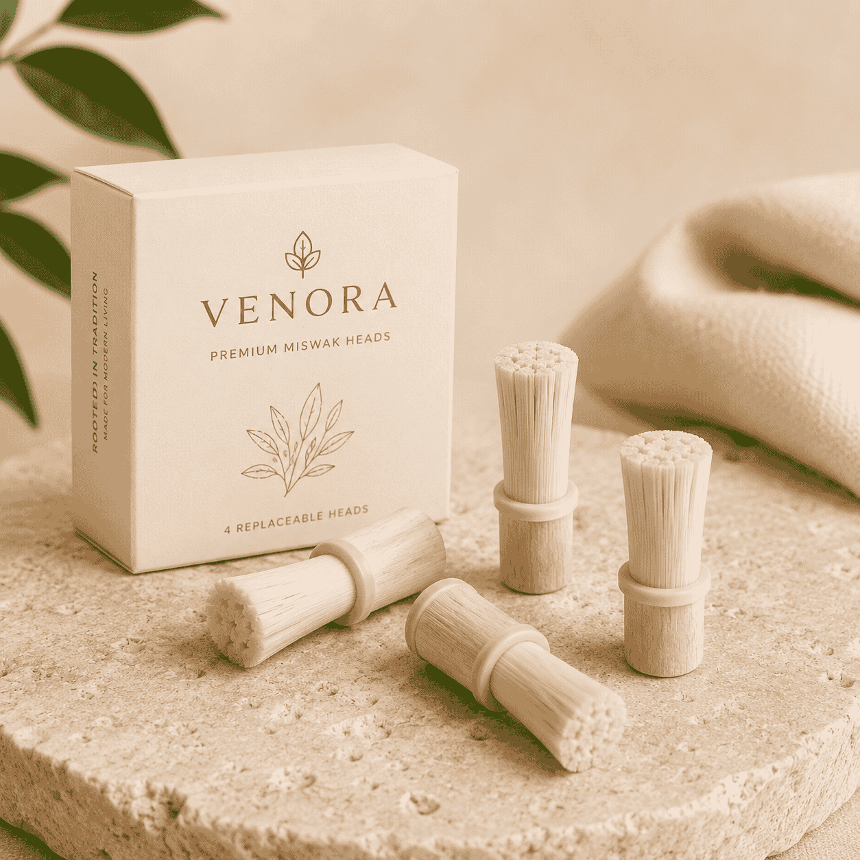 Venora premium miswak heads packaging with multiple miswak heads on a stone surface.