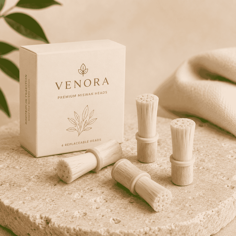 Venora premium miswak heads packaging with multiple miswak heads on a stone surface.