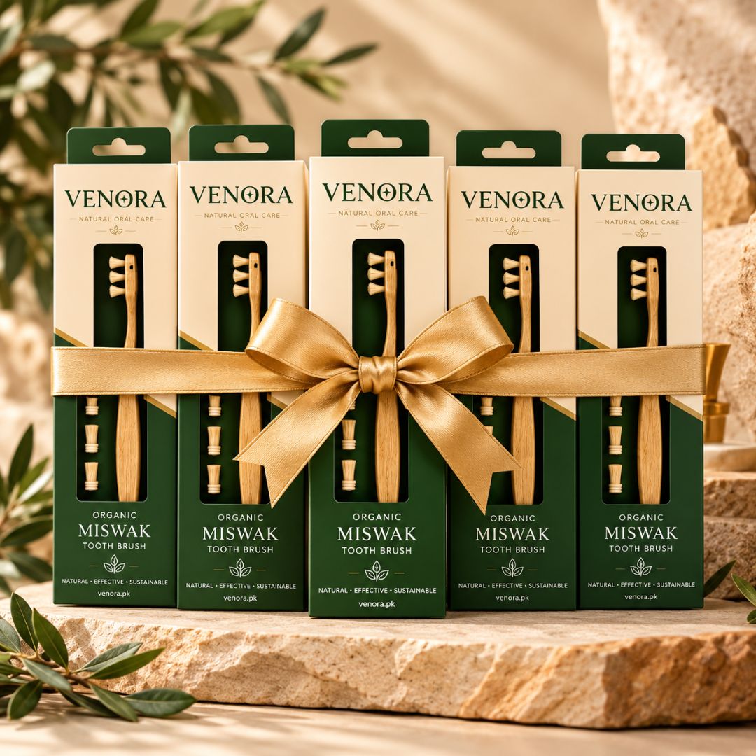 VENORA 5-pack organic miswak toothbrush bundle with natural wooden handles and replaceable heads