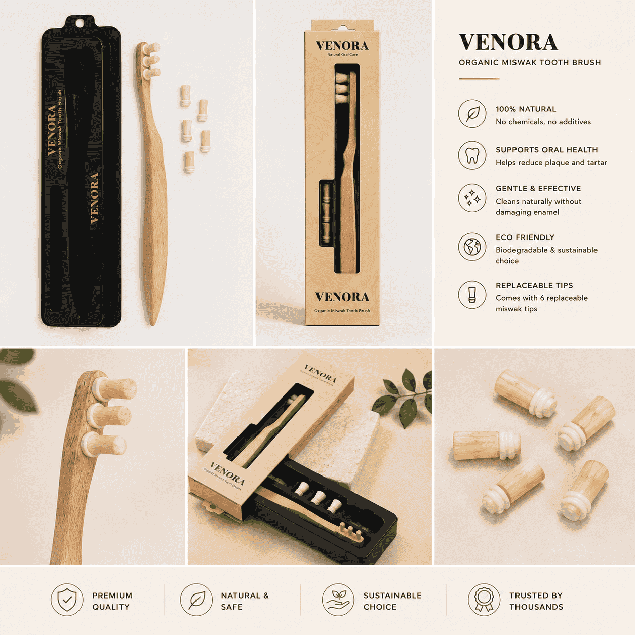 Venora organic miswak toothbrush with packaging and additional accessories on a light background.