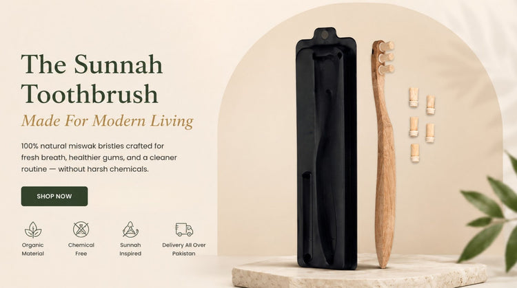 Sunnah Toothbrush packaging with a black case and wooden toothbrush on a beige background