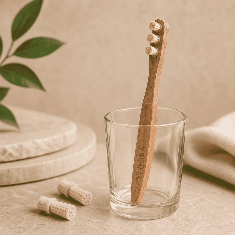 Bamboo toothbrush with wooden handle and bristles in a clear glass on a neutral background