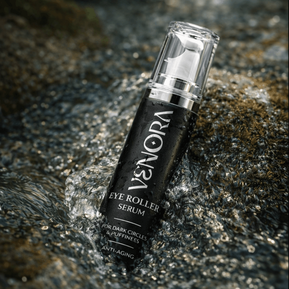 Venora eye roller serum bottle on a textured surface